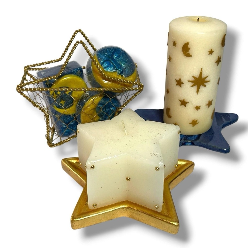 Celestial Decor Lot 1 Blue & 1 Gold Star Trivets, 3 Soaps, Pillar & Star Candles